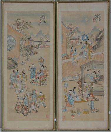 Coppia di dipinti inchiostro e colore su seta raffiguranti dame e dignitari...