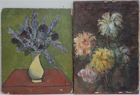 Autori diversi. Lotto composto da due dipinti ad olio raffiguranti vasi con...