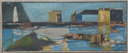 Ignoto "Paesaggio marino" tecnica mista su carta (cm 30x80) in cornice