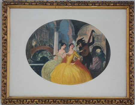 Firma indecifrata "Carnevale a Venezia" acquatinta a colori firmata e...