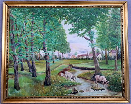 V. Scarioni - ''Paesaggio con mucche'', olio su tela (cm 70 x 90), firmato in...