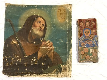 Lotto composto da un dipinto su tela raffigurante un santo orante e un...