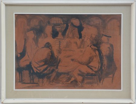 Giovanni Battista De Salvo (1903 - 1964)"Interno con figure", tecnica mista...