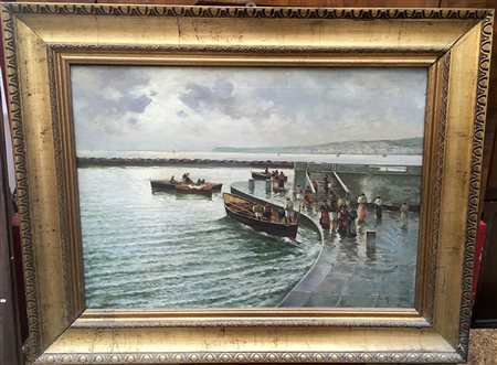 Firma indecifrata "La partenza dei pescatori" olio su tela (cm 50x70) Firmato...