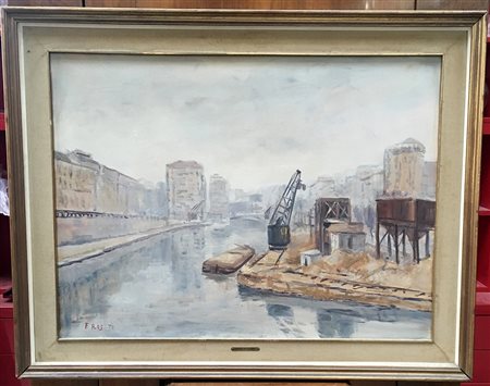 F. Ross, "La darsena a Milano'', olio su tela (cm 58x78), firmato e datato...