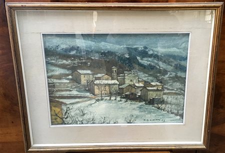 M. G. Scalvini "Paesaggio innevato con paesino" olio su tela, (cm 33x48),...