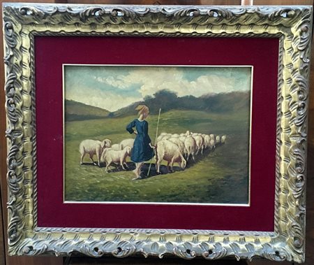 Firma indecifrata "Pastorella con gregge" olio su tela (cm 28x38) Firmato in...