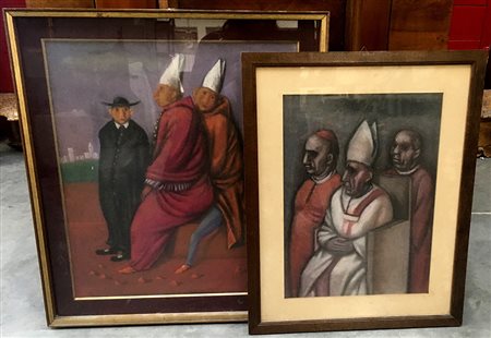 Vittoriano Ferraro, "Prelati", due pastelli su carta, di cui uno firmato,...