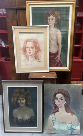 Lotto composto da quattro dipinti raffiguranti ritratti di donna, tecniche,...