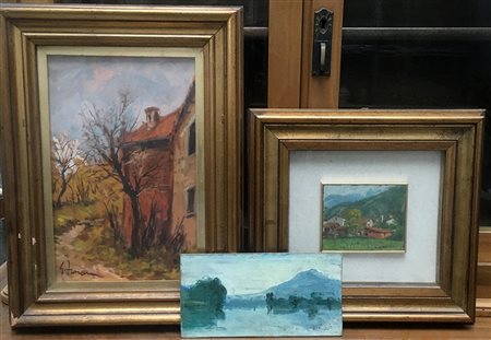 Lotto composto da tre dipinti ad olio raffiguranti paesaggi, firmati, di...