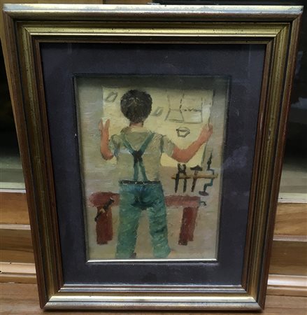 Ignoto, "Il progetto", olio su compensato (cm 23x17), tracce di firma in...