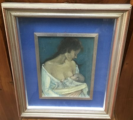 M.G. Scalvini "Maternità" olio su masonite (cm 24x19), firmato in alto a...