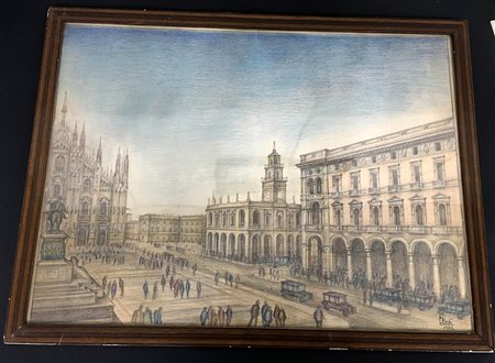 L. Dodi, ''Scorcio di Piazza Duomo a Milano'', pastelli colorati su carta (cm...