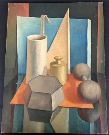 Ignoto, ''Natura morta con pesi e figure geometriche'', olio su tela (cm 65 x...