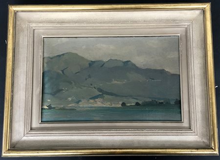 Ignoto, ''Paesaggio con monti e specchio d'acqua'', olio su cartone telato...