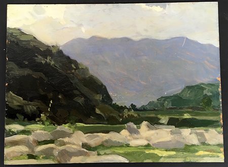 Firma indecifrata, ''Paesaggio montano'', olio su compensato (cm 30 x 40),...