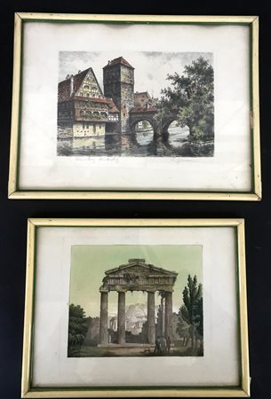 Lotto composto da una stampa e un'acquaforte a colori di soggetto e misure...