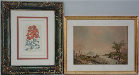 Lotto composto da tre quadri raffiguranti paesaggi, di autori differenti, e...