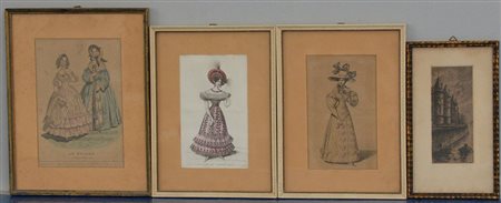 Lotto composto da tre incisioni colorate raffiguranti la moda femminile e...