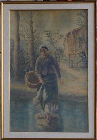 A. Nardi, "Contadina al fiume", acquerello su cartoncino (cm 110x72), firmato...