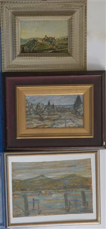 Lotto di tre dipinti ad olio raffiguranti paesaggi, autori e misure...