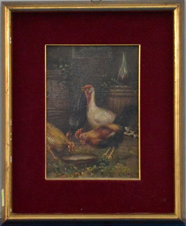 Firma indecifrata "Le galline" olio su compensato (cm 18x13) Firmato in basso...