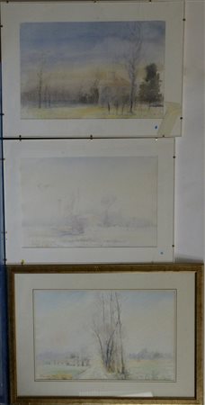 Lotto di tre acquerelli raffiguranti paesaggi, misure differenti (lievi difetti)