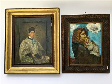 Lotto composto da un dipinto ad olio su tela raffigurante un prelato ed uno...