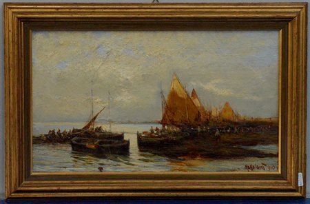 Ignoto del XIX / XX Secolo "Barche in laguna" olio su tavola (cm 20x37) Reca...
