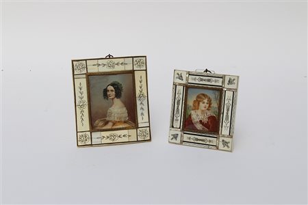 Lotto composto da due miniature raffigurante dama e fanciullo,in cornice...