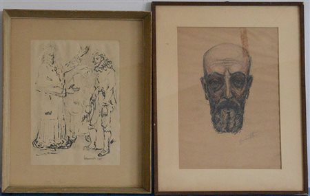 Lotto di due disegni su carta firmati Villani e Brancato, in cornici (difetti)