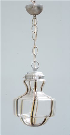 Piccolo lampadario in vetro soffiato in vetro incolore con fasce color ambra...