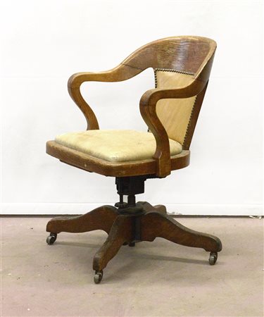 Poltroncina girevole da ufficio in legno di rovere massello e rivestimento in...