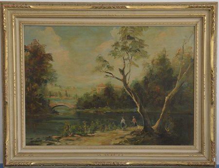 A. Duval - "Paesaggio lacustre" olio su tela (cm 50x70) firmato in basso a...