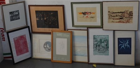 Cartone contenente dieci quadri di soggetto, autori e misure differenti, in...