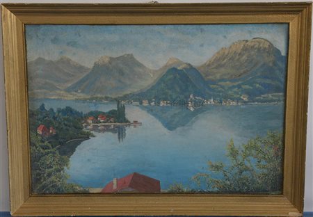 Ignoto, "Scorcio di lago" olio su tela (cm 54x80), in cornice (difetti)