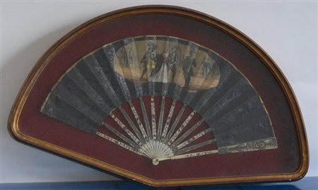 Ventaglio del secolo XIX con stecche in osso e pagina decorata con stampa di...