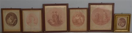 Lotto di sei incisioni del secolo XIX con soggetti femminili, autori e misure...