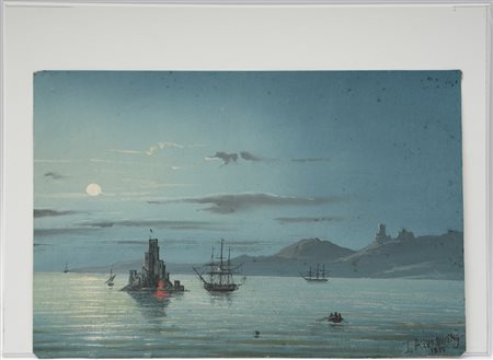 Maestro russo del XIX Secolo"Notturno con velieri" 1885gouache su carta (cm...