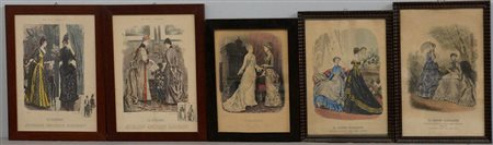 Lotto composto da cinque stampe inerenti la moda femminile, misure diverse,...