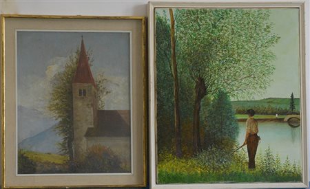 Lotto di due dipinti ad olio raffiguranti un paesaggio lacustre con...