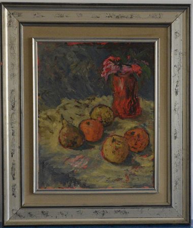 Ignoto "Natura morta con vaso e frutta" olio su compensato (cm 50x40) siglato...