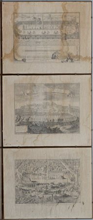 Gruppo di sei antiche incisioni intelate raffiguranti scorci e monumenti di...