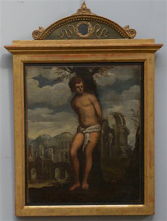 Scuola del secolo XVIII “San Sebastiano con rovine”, olio su tela (cm 58x49)....