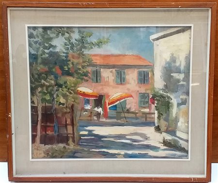 R. Parlatano "Scorcio di paese con figura seduta al tavolo e ombrelloni" '67,...