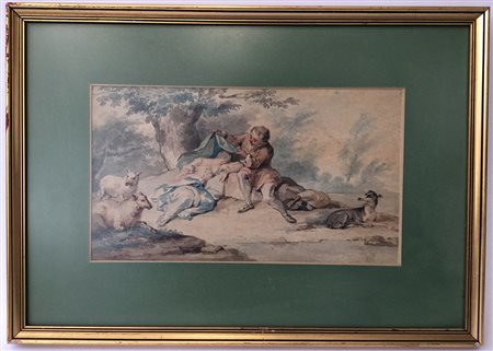 Scuola francese della fine del secolo XIX "Scena bucolica" acquerello su...