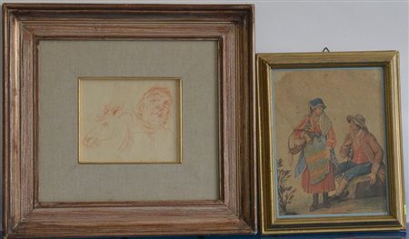 Lotto composto da un acquerello del secolo XIX raffigurante pastori e un...