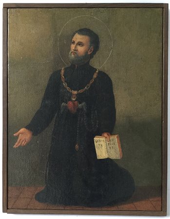 Artista del secolo XIX, "Santo orante", olio su tela. (cm 43x32) (difetti e...