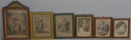 Lotto di sei incisioni del secolo XIX di soggetto, autori e misure...