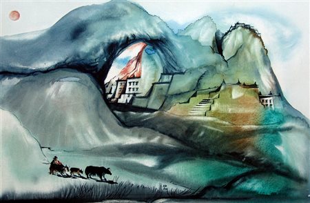 Roberto Moschini 1937, Fabriano (An) - [Italia] Contadina con yak acquerello...